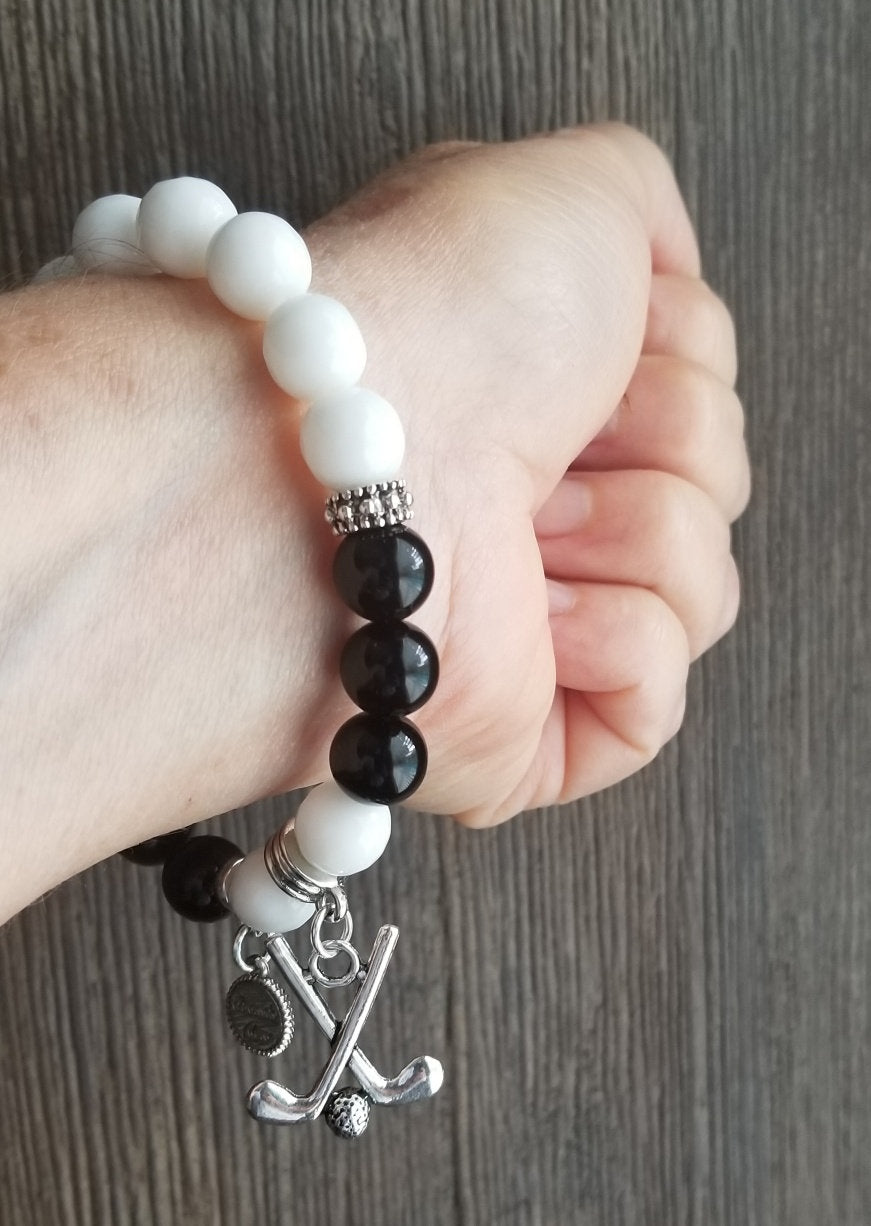 Golf Charm Bracelet Jewelry Sport Beaded Stretch Gemstone Silver Turquoise White Black Adjustable Women's
