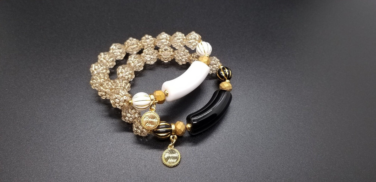Black and White Beaded Boho Bracelet Jewelry Set of 2 Bracelets Gold Stretch Handmade Women's Gift for Her