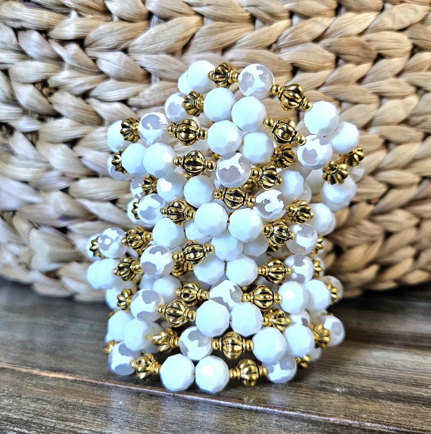 White and Gold Gemstone Bracelet Statement Jewelry Agate Beaded Handmade Adjustable Wrap Bangle Cuff Memory Wire Women's Gift Summer Spring