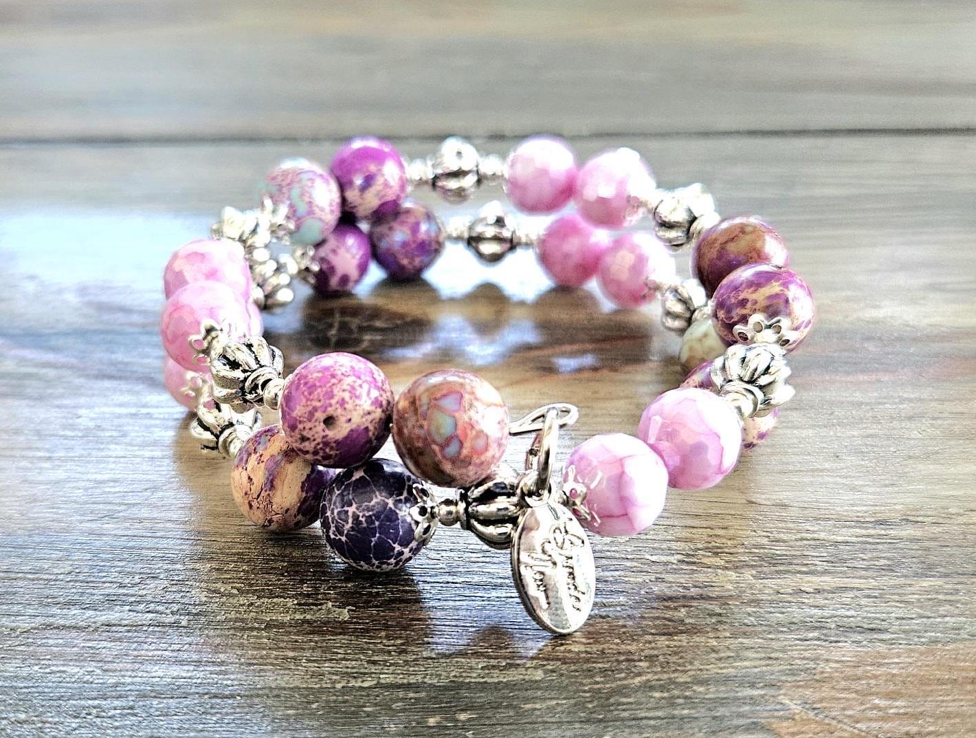 Purple Beaded Bracelet Jewelry Gemstone Violet Lavendar Silver Jasper Memory Wire Wrap Cuff Bangle Summer Spring Beach Cruise Women's Gift