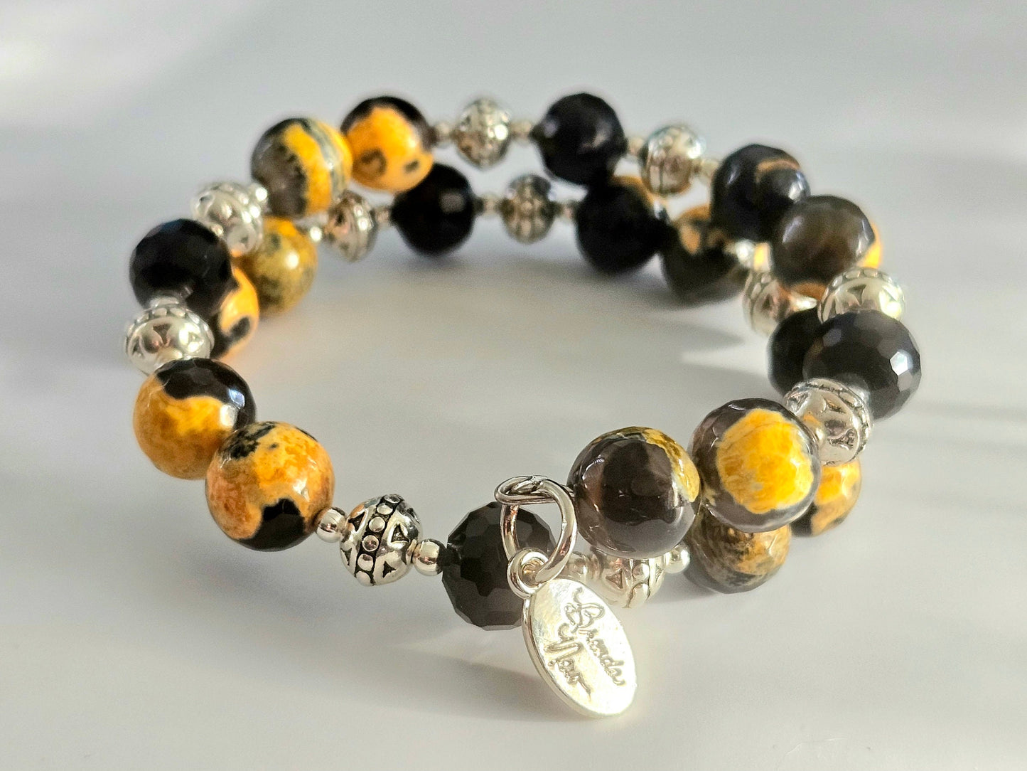 Agate Gemstone Beaded Bracelet Jewelry Blue Pink Yellow Black Silver Handmade Wrap Bangle Southwest