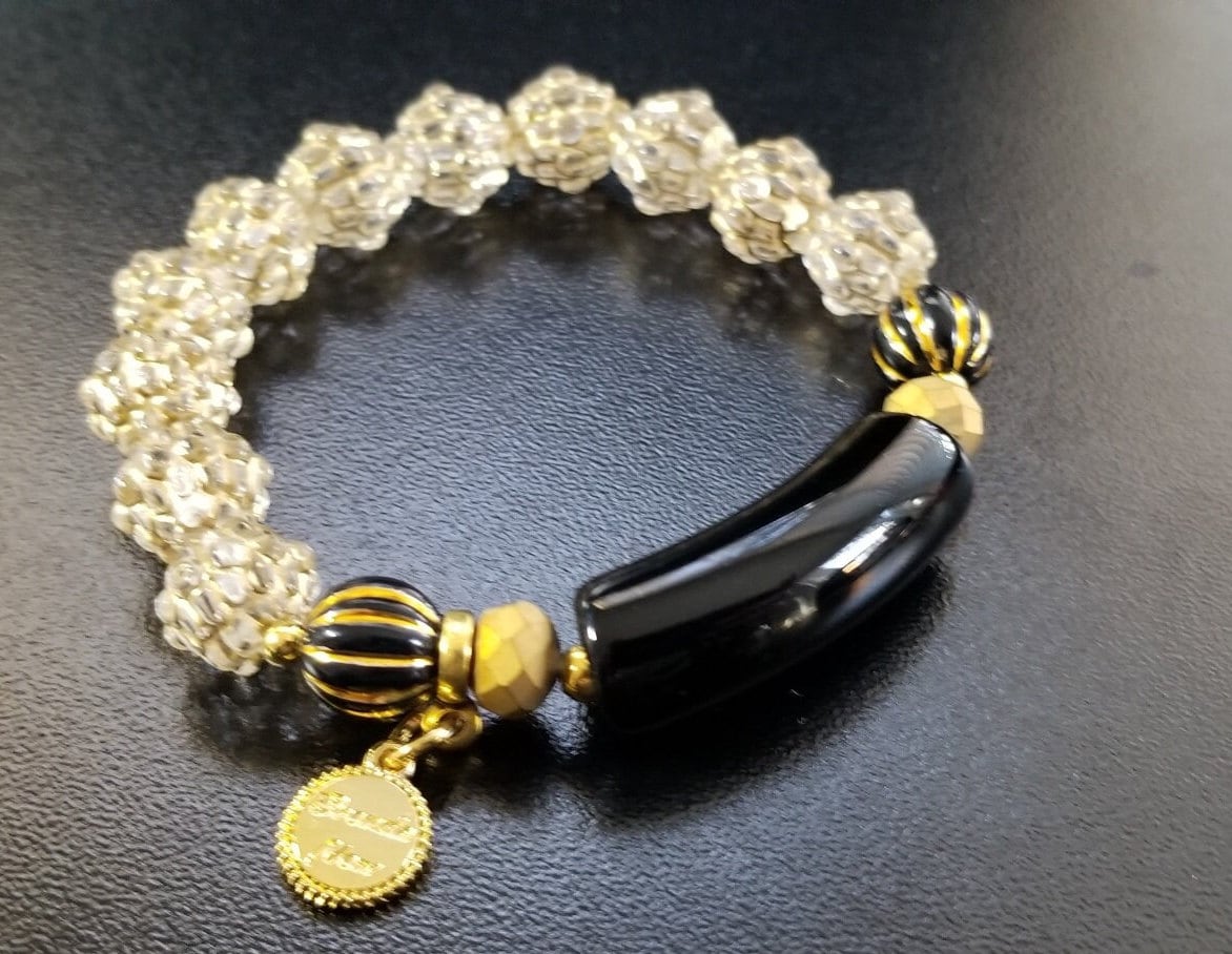 Black and White Beaded Boho Bracelet Jewelry Set of 2 Bracelets Gold Stretch Handmade Women's Gift for Her