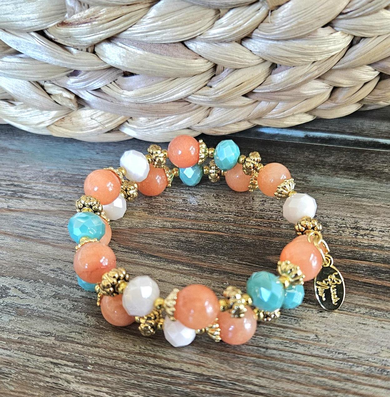 Coral Jade Gemstone Beaded Bracelet Jewelry Beach Orange Turquoise Gold Handmade Memory Wire Wrap Cuff Bangle Beach Cruise Summer Spring