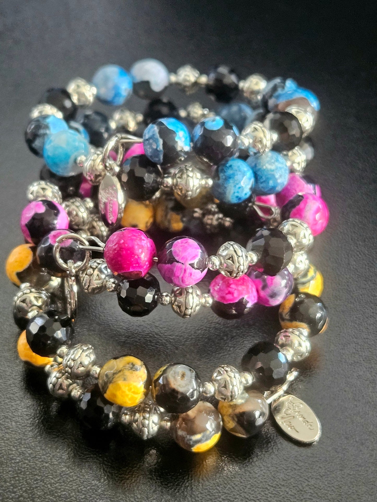 Agate Gemstone Beaded Bracelet Jewelry Blue Pink Yellow Black Silver Handmade Wrap Bangle Southwest