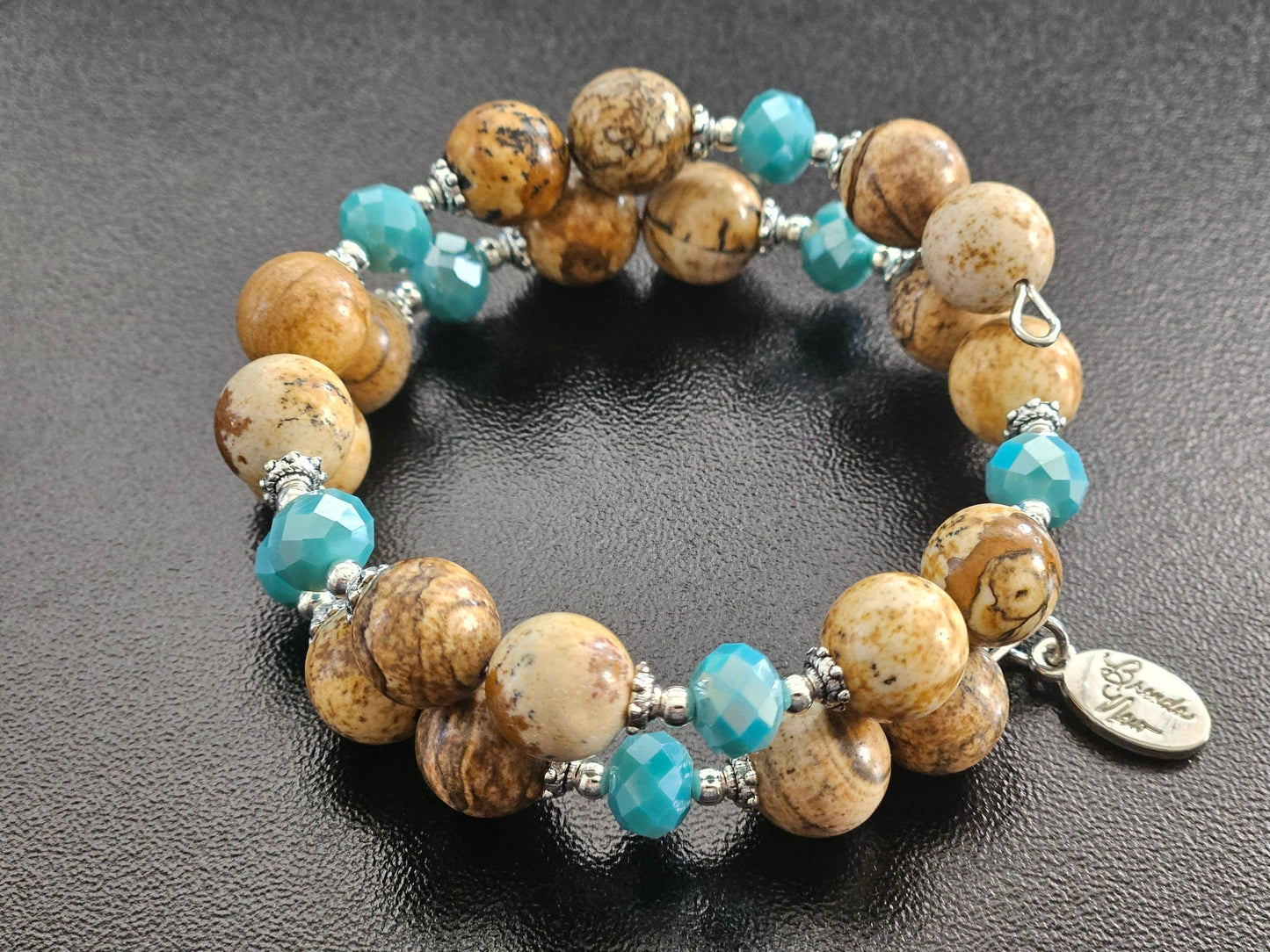 Gemstone Beaded Bracelet Southwest Turquoise Jewelry Semi Precious Desert Jasper Silver Wrap Bangle Cuff Women's Gift for Her Birthday
