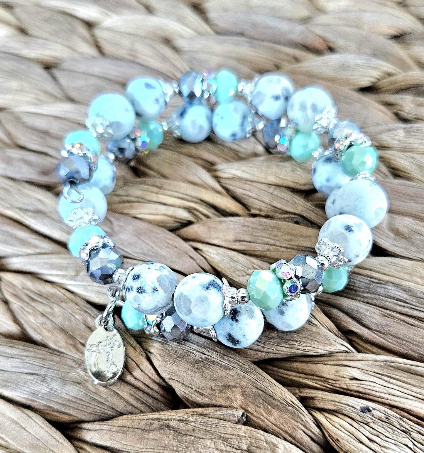 Sesame Jasper Gemstone Beaded Bracelet Mint Green Silver Memory Wire Spring Cuff Wrap Bangle Unique Genuine Boho Women's Gift For Her