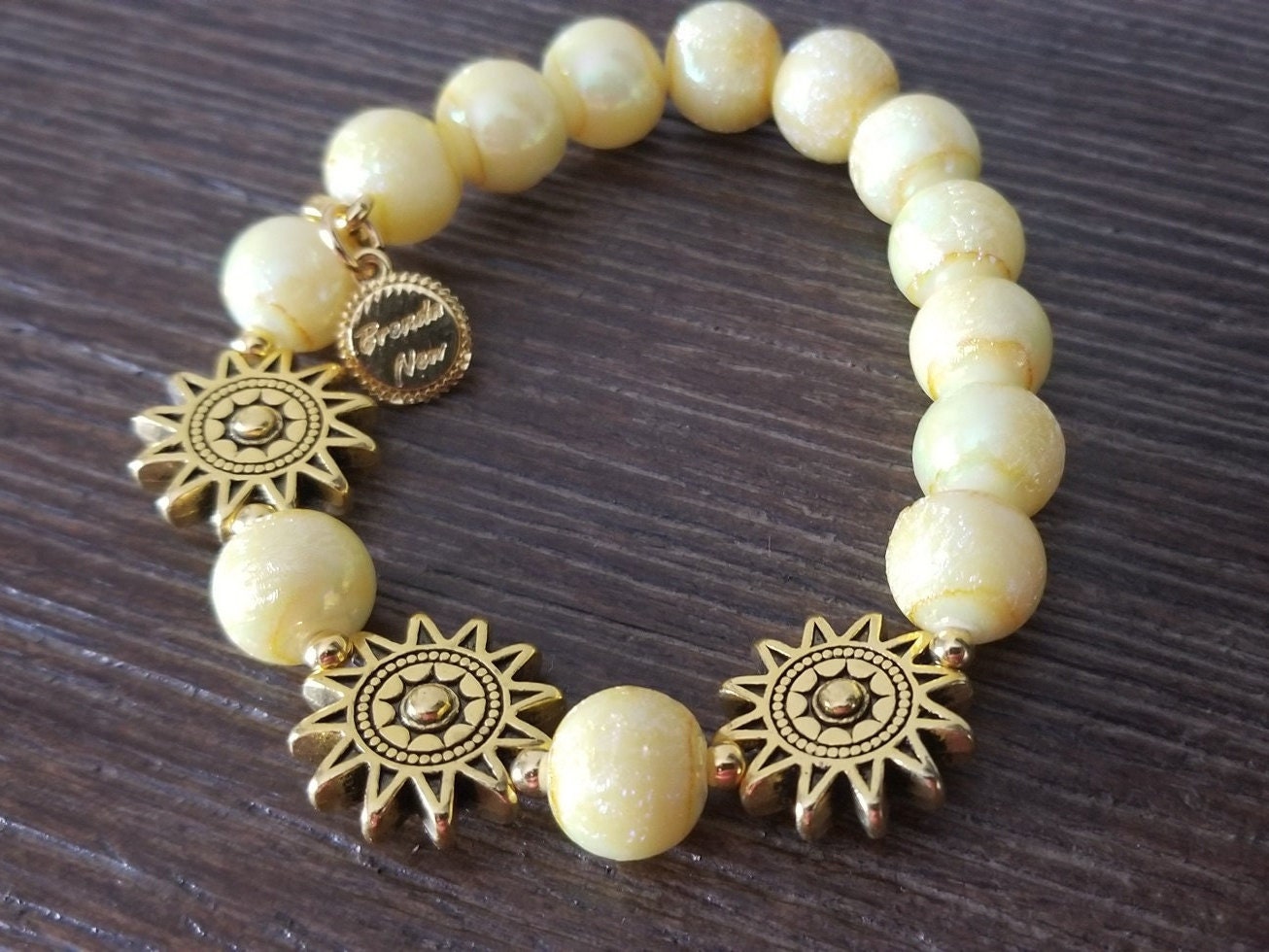 Sun Celestial Charm Beaded Bracelet Yellow Jewelry Stretch Gold Sunshine Amber Glass Beads Beach Spring Summer Women's Gift for Her