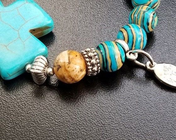 Turquoise Cross Beaded Gemstone Bracelet Jewelry Southwest Silver Stretch Handmade Women's Gift For Her