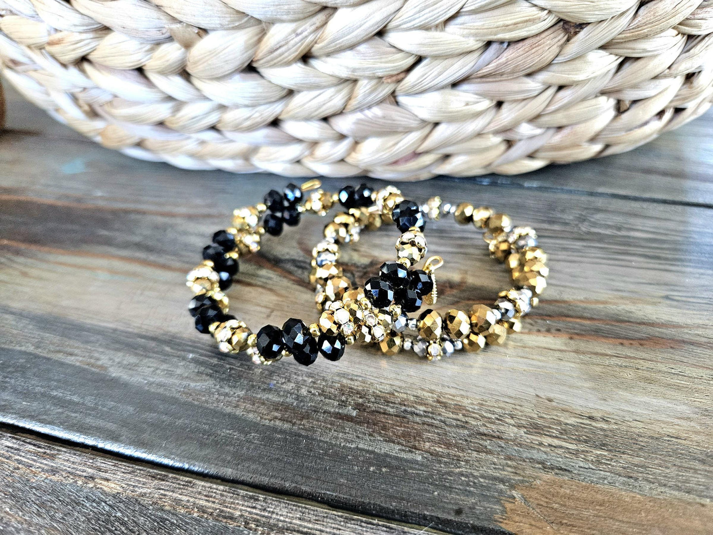 Glass Beaded Bracelet Jewelry Handmade Sparkling Rhinestone Bling Memory Wire Gold Colorful Blue Green Red Black Rose Gold Women's Wrap Cuff Bangle