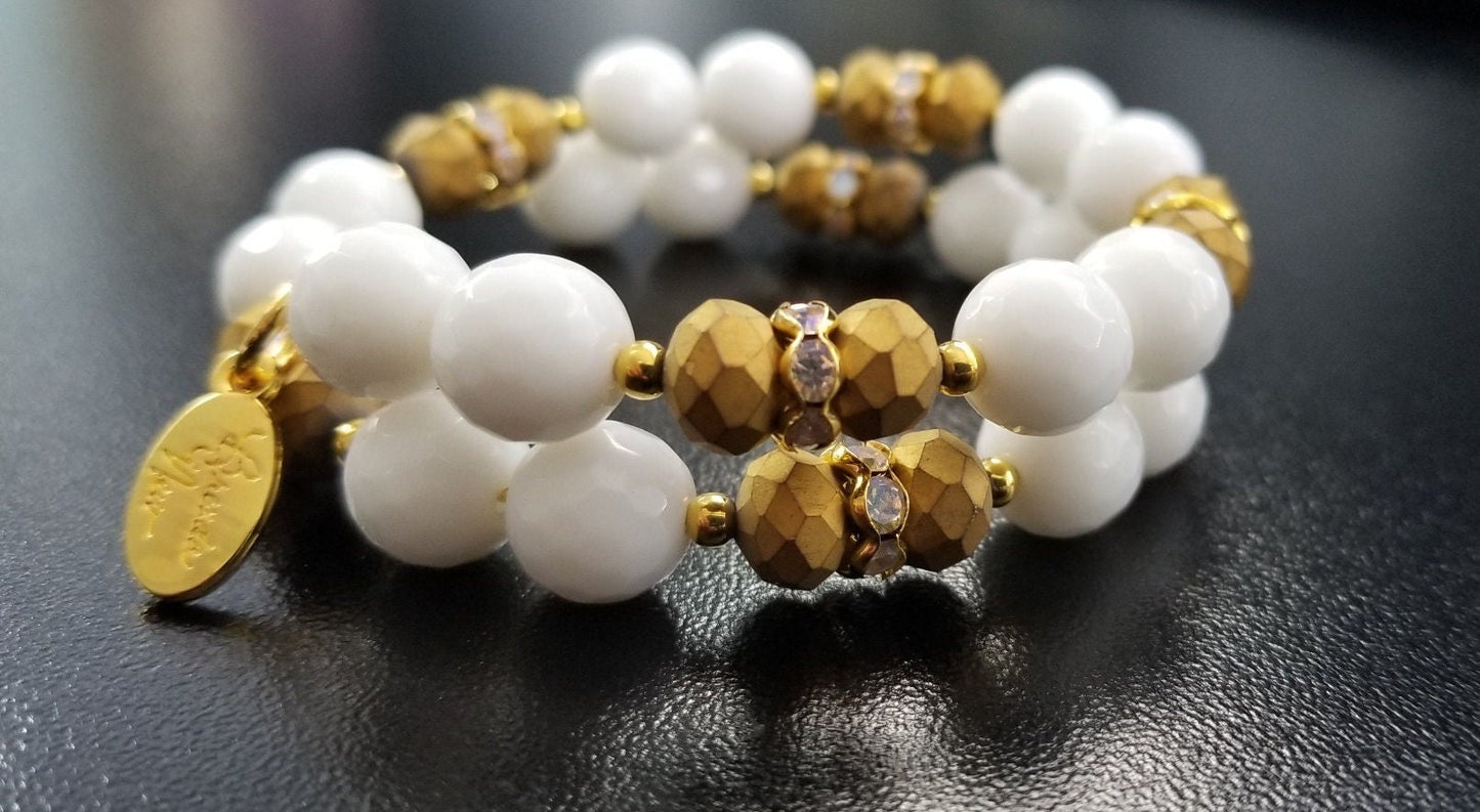 Gold White Beaded Bracelet Jewelry Handmade Wrap Cuff Bangle Women's Gift for Her
