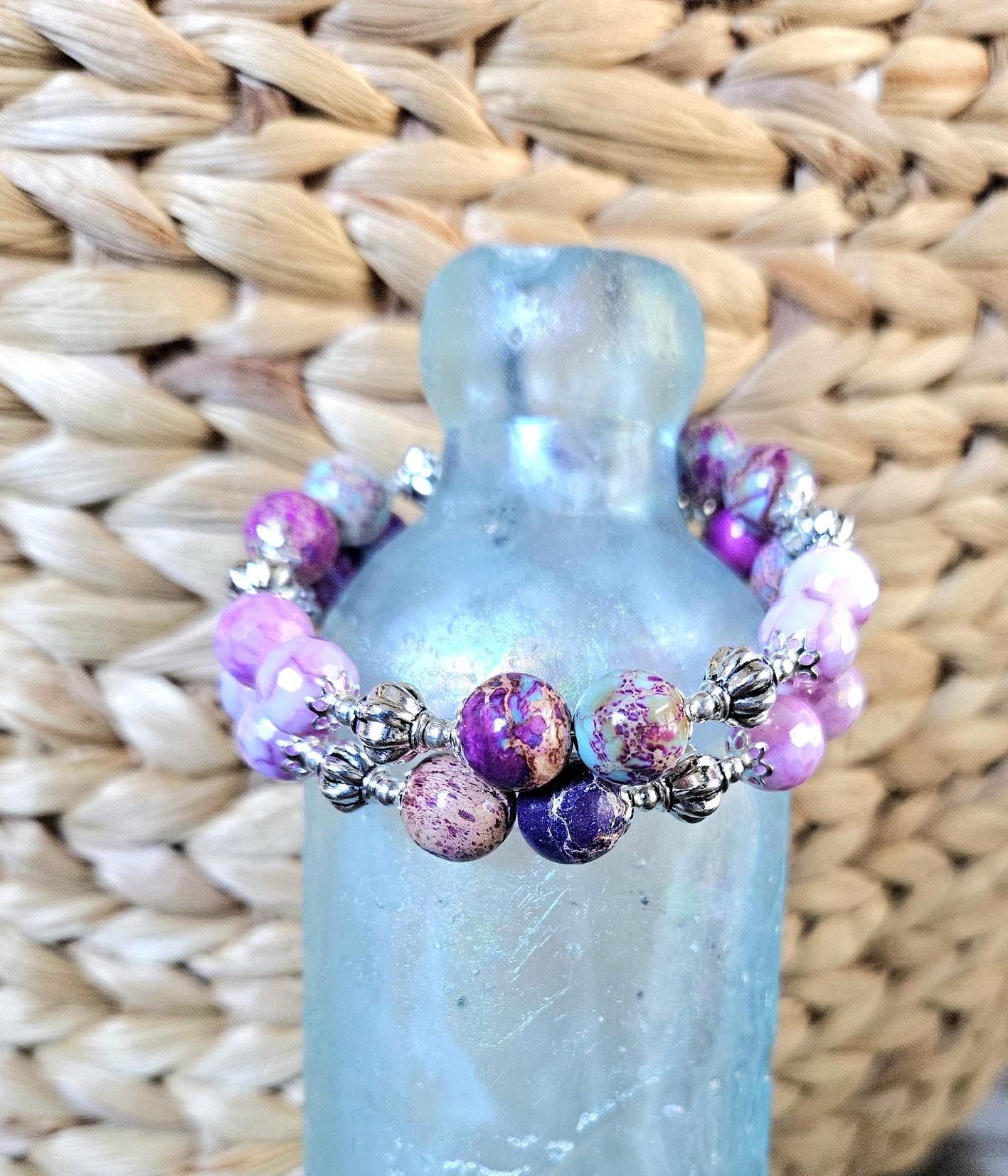 Purple Beaded Bracelet Jewelry Gemstone Violet Lavendar Silver Jasper Memory Wire Wrap Cuff Bangle Summer Spring Beach Cruise Women's Gift