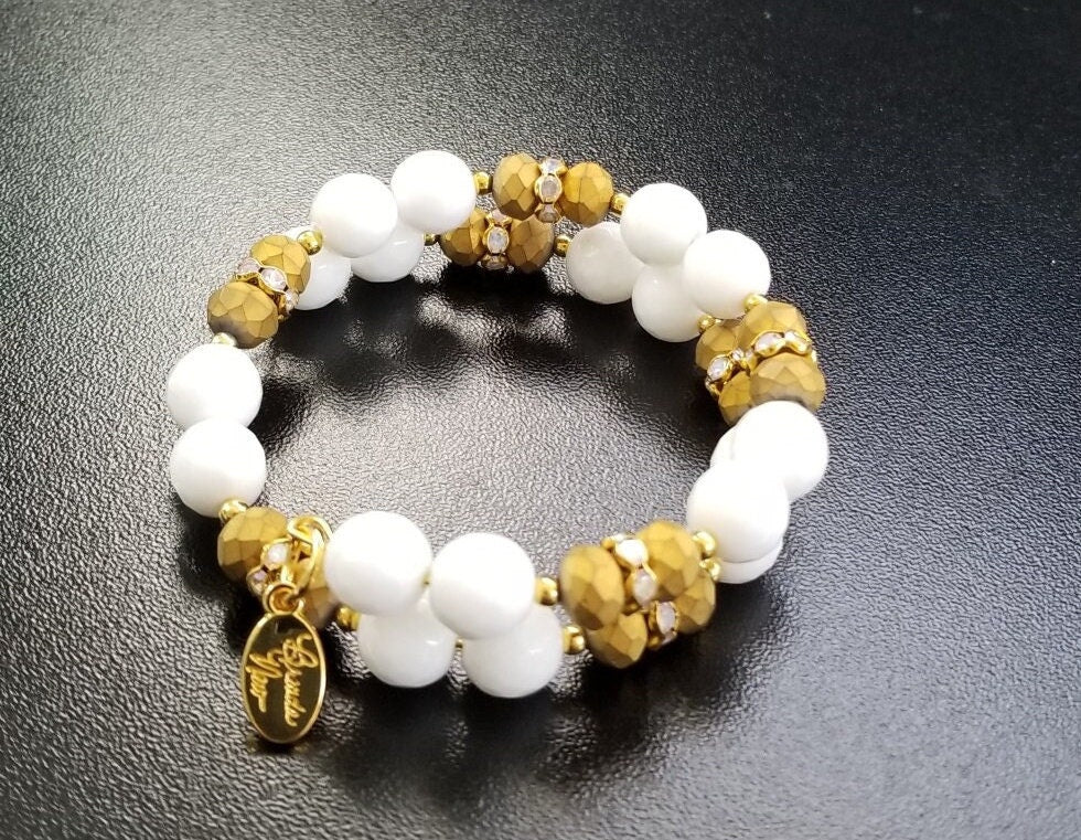 Gold White Beaded Bracelet Jewelry Handmade Wrap Cuff Bangle Women's Gift for Her