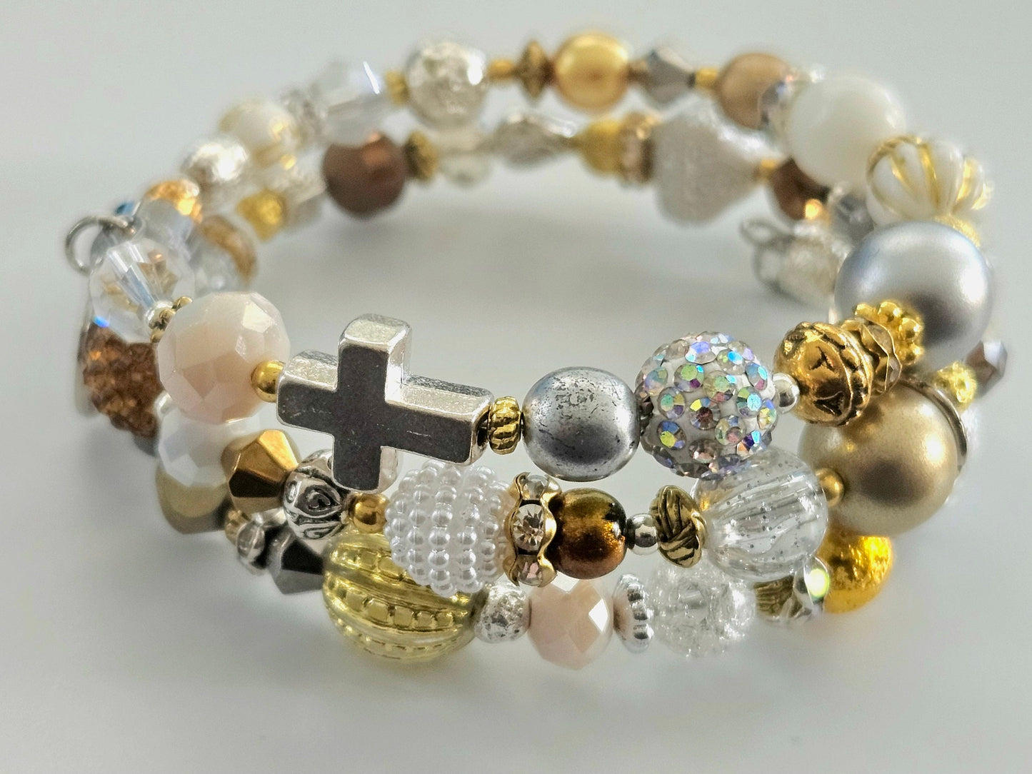 Cross Charm Beaded Bracelet Jewelry Faith Based Christian Wrap Bangle Cuff Gold White Handmade Women's Christmas Holiday Gift For Her