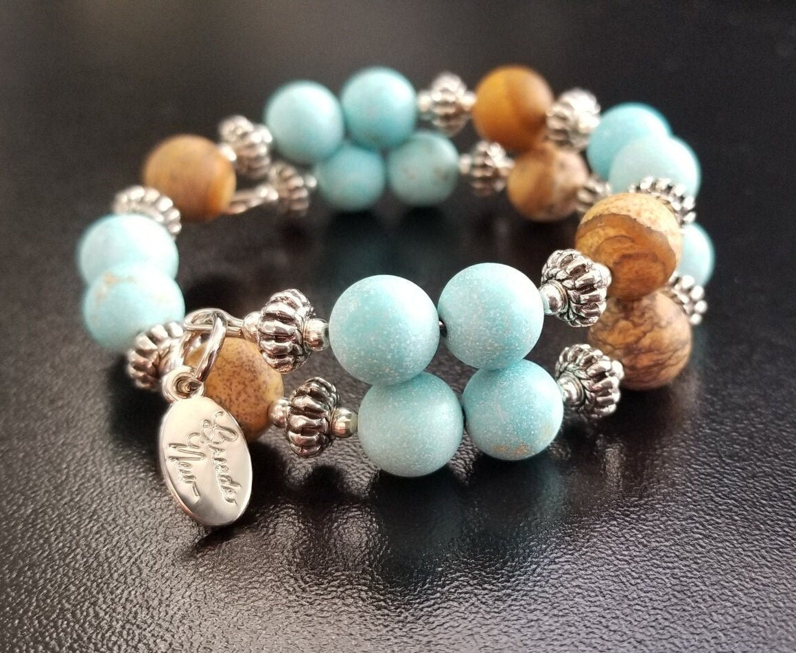 Turquoise Gemstone Beaded Bracelet Jewelry Silver Southwest Magnesite Picture Jasper Wrap Cuff Bangle Women's Gift for Her