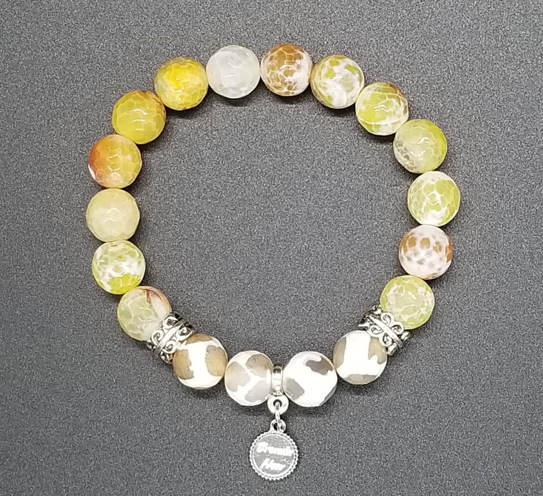 Yellow Beaded Bracelet Gemstone Agate Jewelry Stretch White Silver Amber Spring Summer Beach Cruise Women's Gift for Her