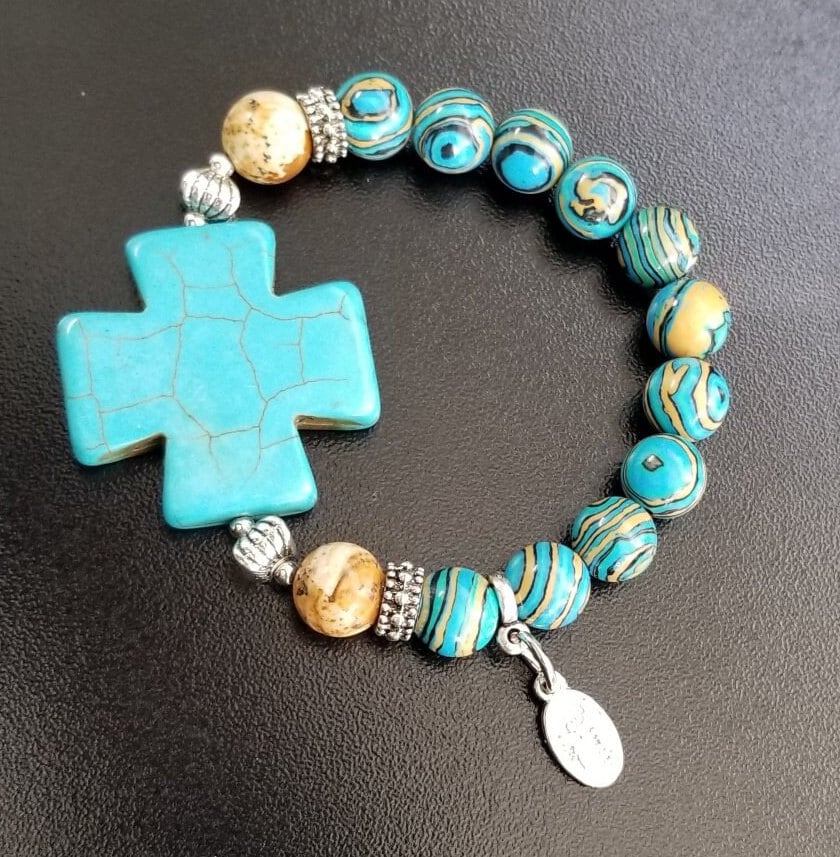 Turquoise Cross Beaded Gemstone Bracelet Jewelry Southwest Silver Stretch Handmade Women's Gift For Her