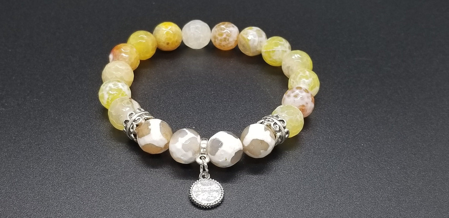 Yellow Beaded Bracelet Gemstone Agate Jewelry Stretch White Silver Amber Spring Summer Beach Cruise Women's Gift for Her