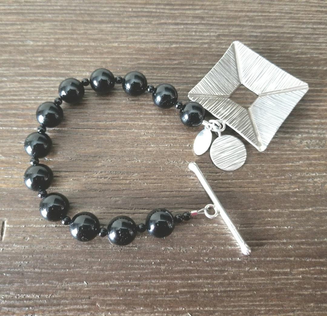 Bali Sterling Silver 925 Statement Beaded Bracelet Jewelry Black Onyx One of a Kind Designer Unique Women's Gift for Her