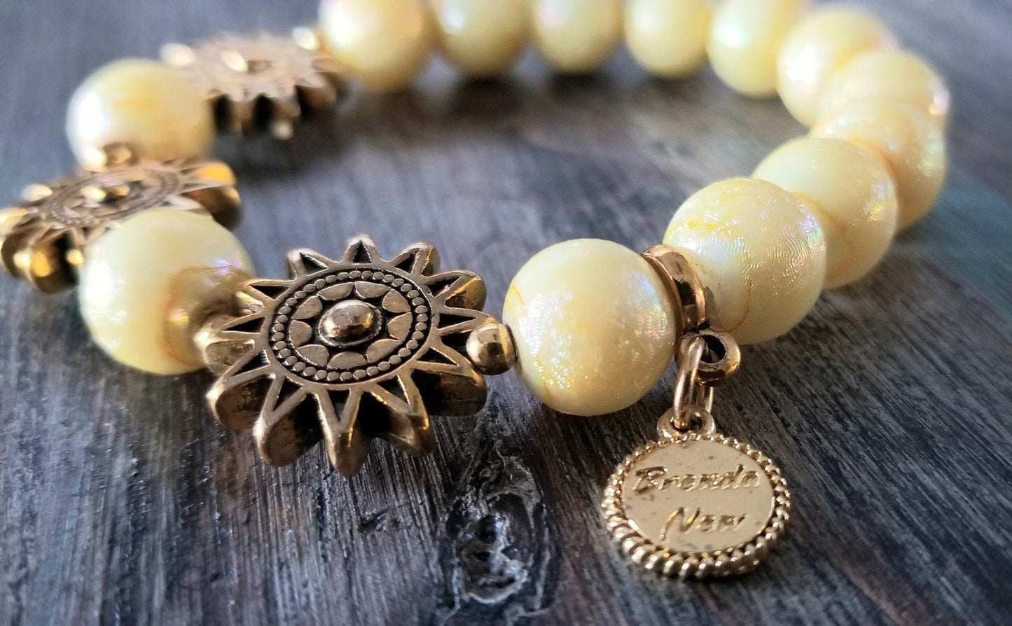 Sun Celestial Charm Beaded Bracelet Yellow Jewelry Stretch Gold Sunshine Amber Glass Beads Beach Spring Summer Women's Gift for Her