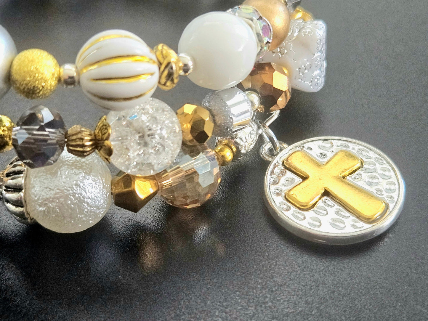 Cross Charm Beaded Bracelet Jewelry Faith Based Christian Wrap Bangle Cuff Gold White Handmade Women's Christmas Holiday Gift For Her