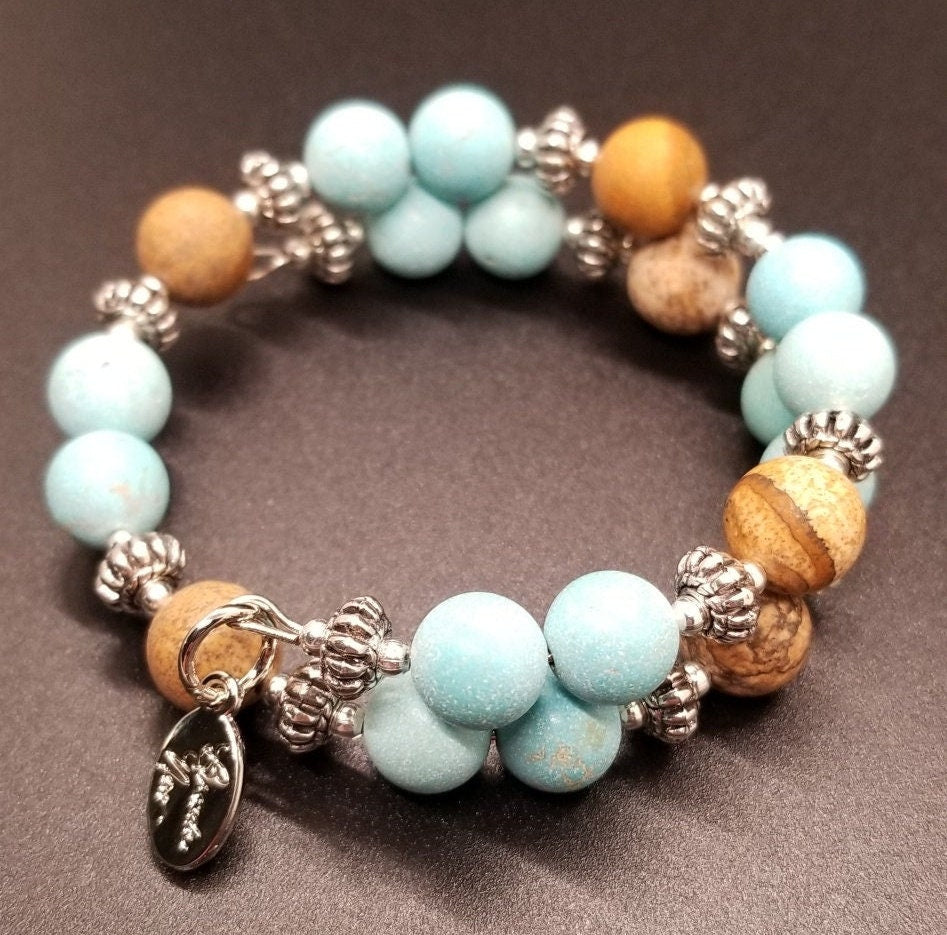 Turquoise Gemstone Beaded Bracelet Jewelry Silver Southwest Magnesite Picture Jasper Wrap Cuff Bangle Women's Gift for Her