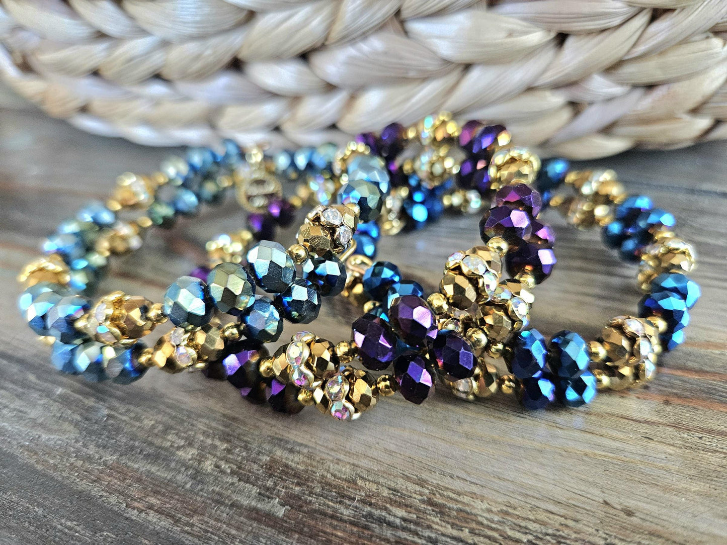 Glass Beaded Bracelet Jewelry Handmade Sparkling Rhinestone Bling Memory Wire Gold Colorful Blue Green Red Black Rose Gold Women's Wrap Cuff Bangle