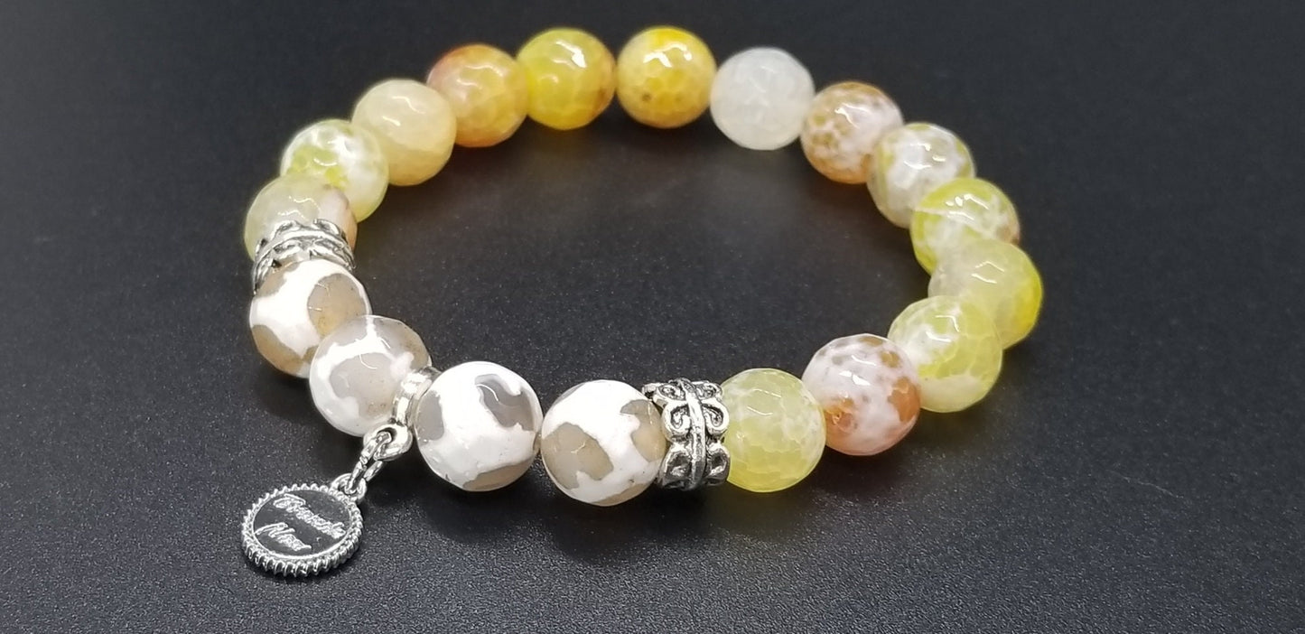 Yellow Beaded Bracelet Gemstone Agate Jewelry Stretch White Silver Amber Spring Summer Beach Cruise Women's Gift for Her
