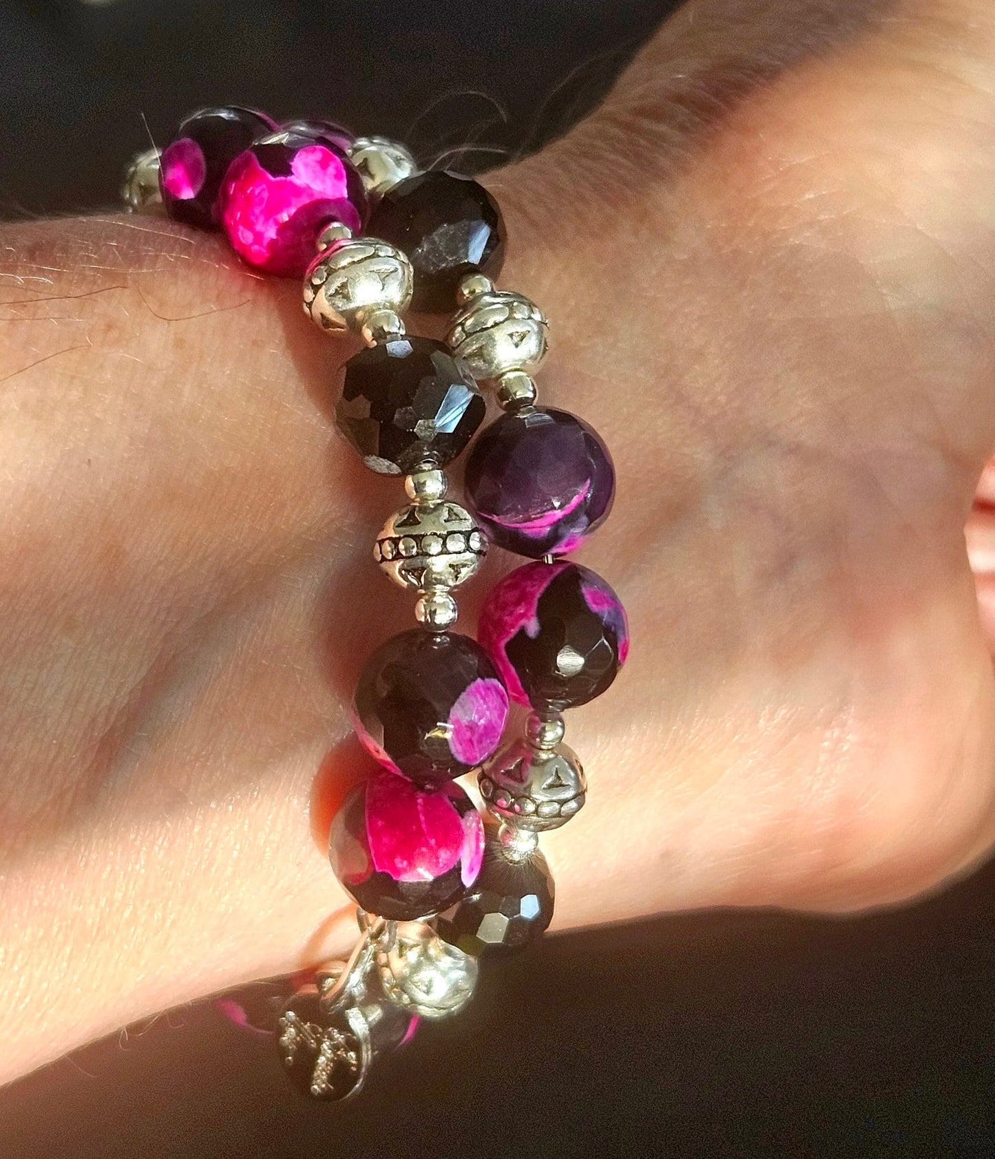Agate Gemstone Beaded Bracelet Jewelry Blue Pink Yellow Black Silver Handmade Wrap Bangle Southwest