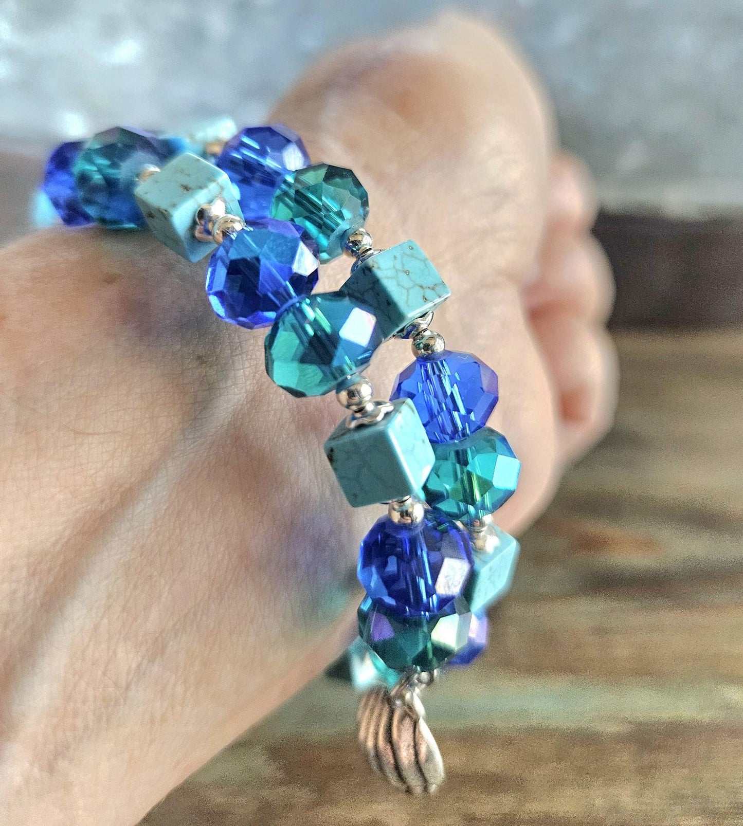 Seashell Charm Bracelet Jewelry Beaded Turquoise Gemstone Sea Ocean Beach Cruise Summer Silver Handmade Memory Wire Wrap Cuff Bangle Gift