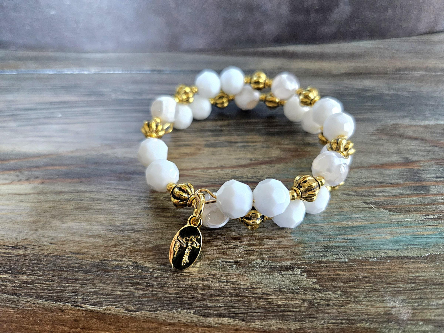 White and Gold Gemstone Bracelet Statement Jewelry Agate Beaded Handmade Adjustable Wrap Bangle Cuff Memory Wire Women's Gift Summer Spring