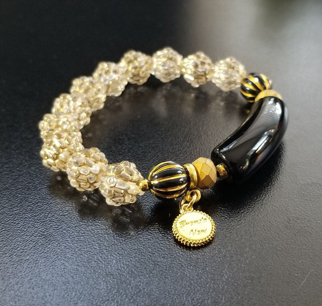 Black and White Beaded Boho Bracelet Jewelry Set of 2 Bracelets Gold Stretch Handmade Women's Gift for Her