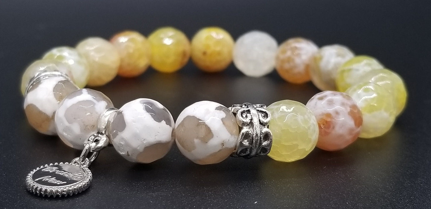 Yellow Beaded Bracelet Gemstone Agate Jewelry Stretch White Silver Amber Spring Summer Beach Cruise Women's Gift for Her