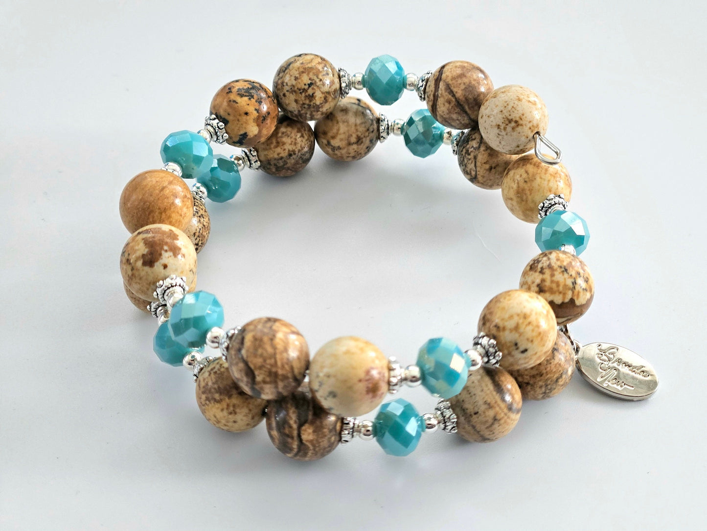 Gemstone Beaded Bracelet Southwest Turquoise Jewelry Semi Precious Desert Jasper Silver Wrap Bangle Cuff Women's Gift for Her Birthday
