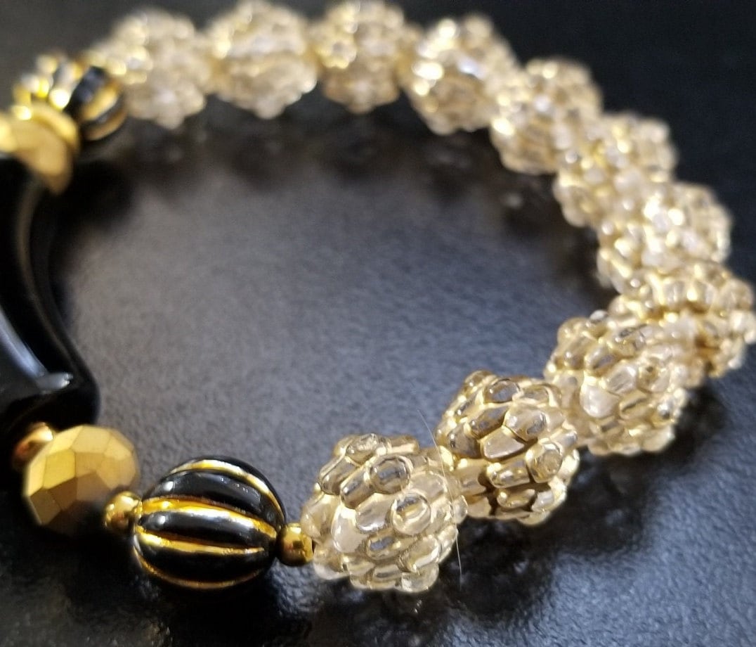 Black and White Beaded Boho Bracelet Jewelry Set of 2 Bracelets Gold Stretch Handmade Women's Gift for Her
