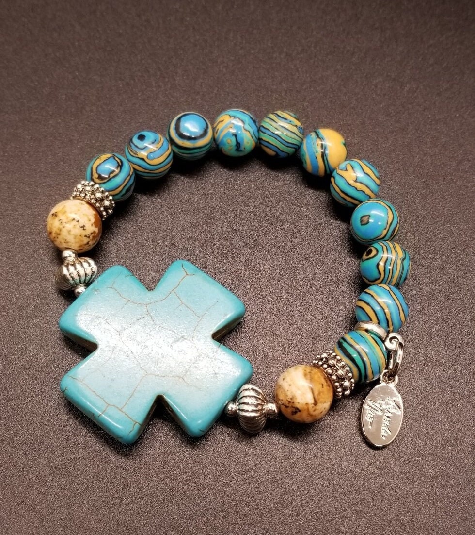 Turquoise Cross Beaded Gemstone Bracelet Jewelry Southwest Silver Stretch Handmade Women's Gift For Her