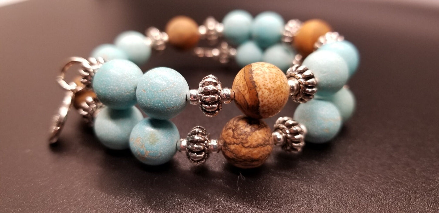 Turquoise Gemstone Beaded Bracelet Jewelry Silver Southwest Magnesite Picture Jasper Wrap Cuff Bangle Women's Gift for Her