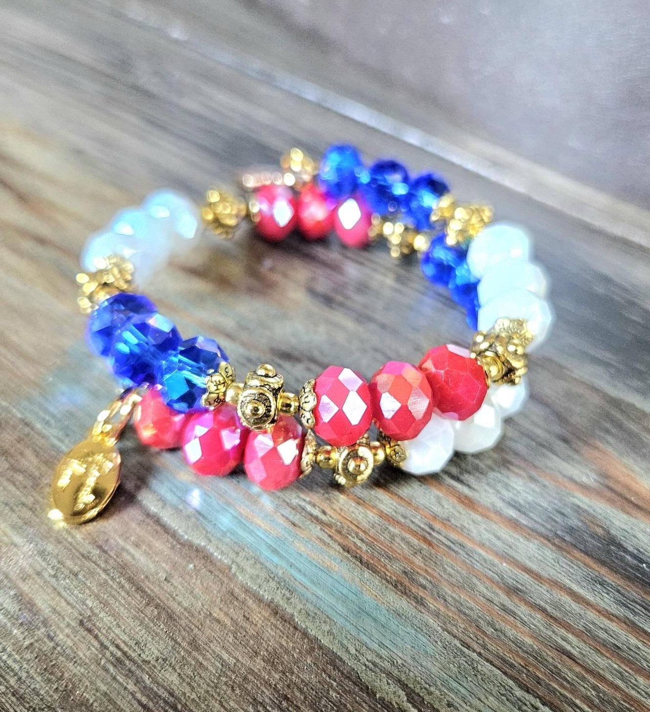 Red White and Blue Flag Cross Charm Bracelet Jewelry Beaded Patriotic USA Military July 4 Gold Wrap Bangle Memory Wire Adjustable