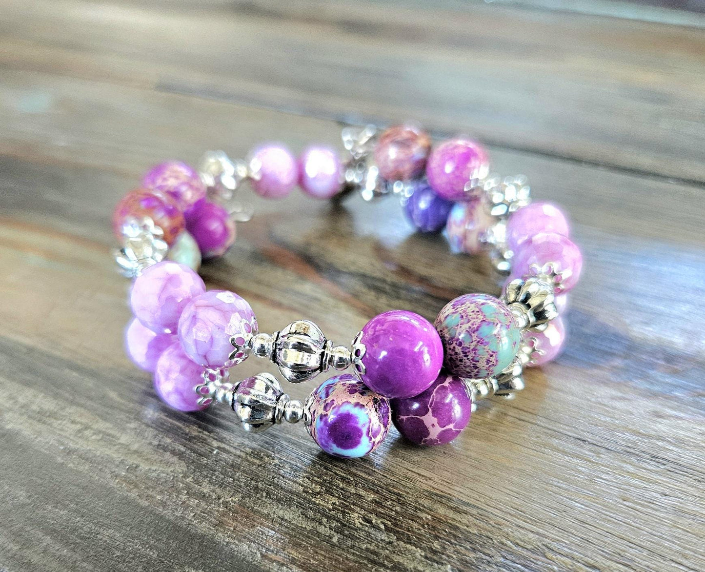 Purple Beaded Bracelet Jewelry Gemstone Violet Lavendar Silver Jasper Memory Wire Wrap Cuff Bangle Summer Spring Beach Cruise Women's Gift