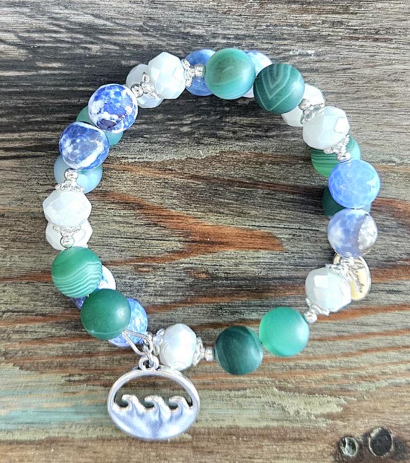 Ocean Sea Charm Bracelet Jewelry Beaded Blue Green Teal Turquoise Gemstone Agate Beach Cruise Spring Summer Memory Wire Wrap Cuff Bangle