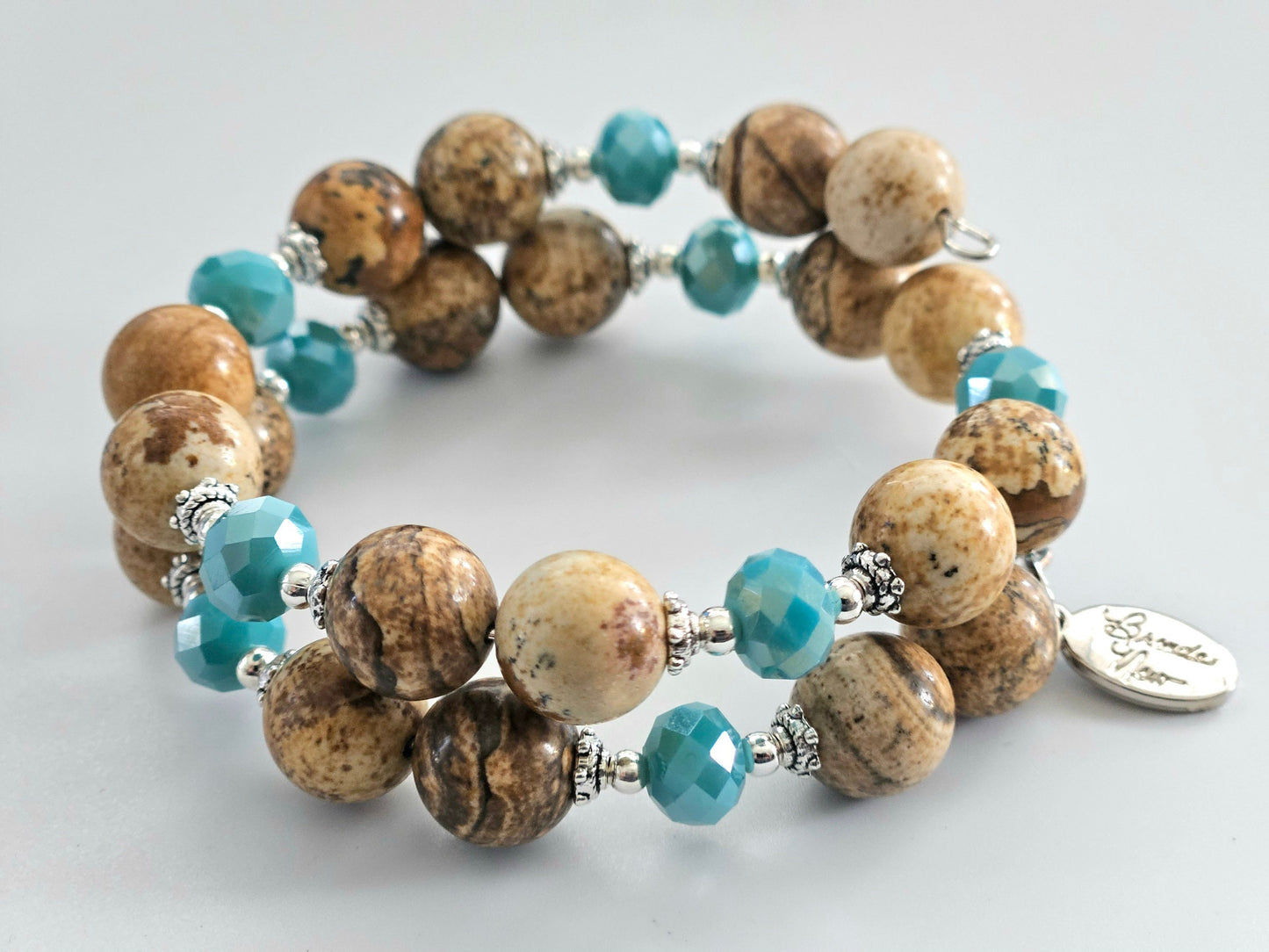 Gemstone Beaded Bracelet Southwest Turquoise Jewelry Semi Precious Desert Jasper Silver Wrap Bangle Cuff Women's Gift for Her Birthday