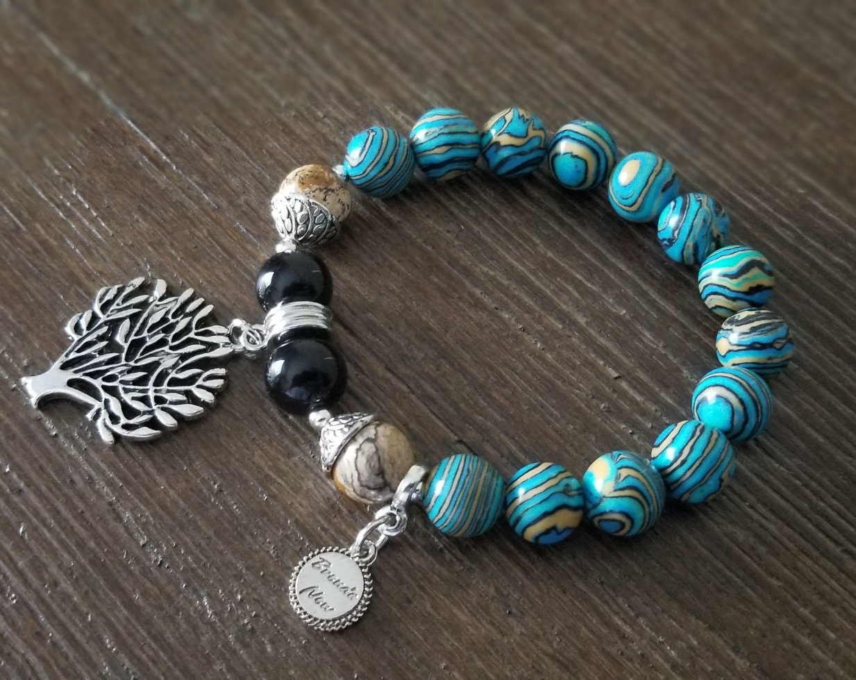 Tree of Life Charm Bracelet Beaded Turquoise Southwest Gemstone Silver Jewelry Jasper Black Onyx Women's Onyx Stretch Women's Gift For Her