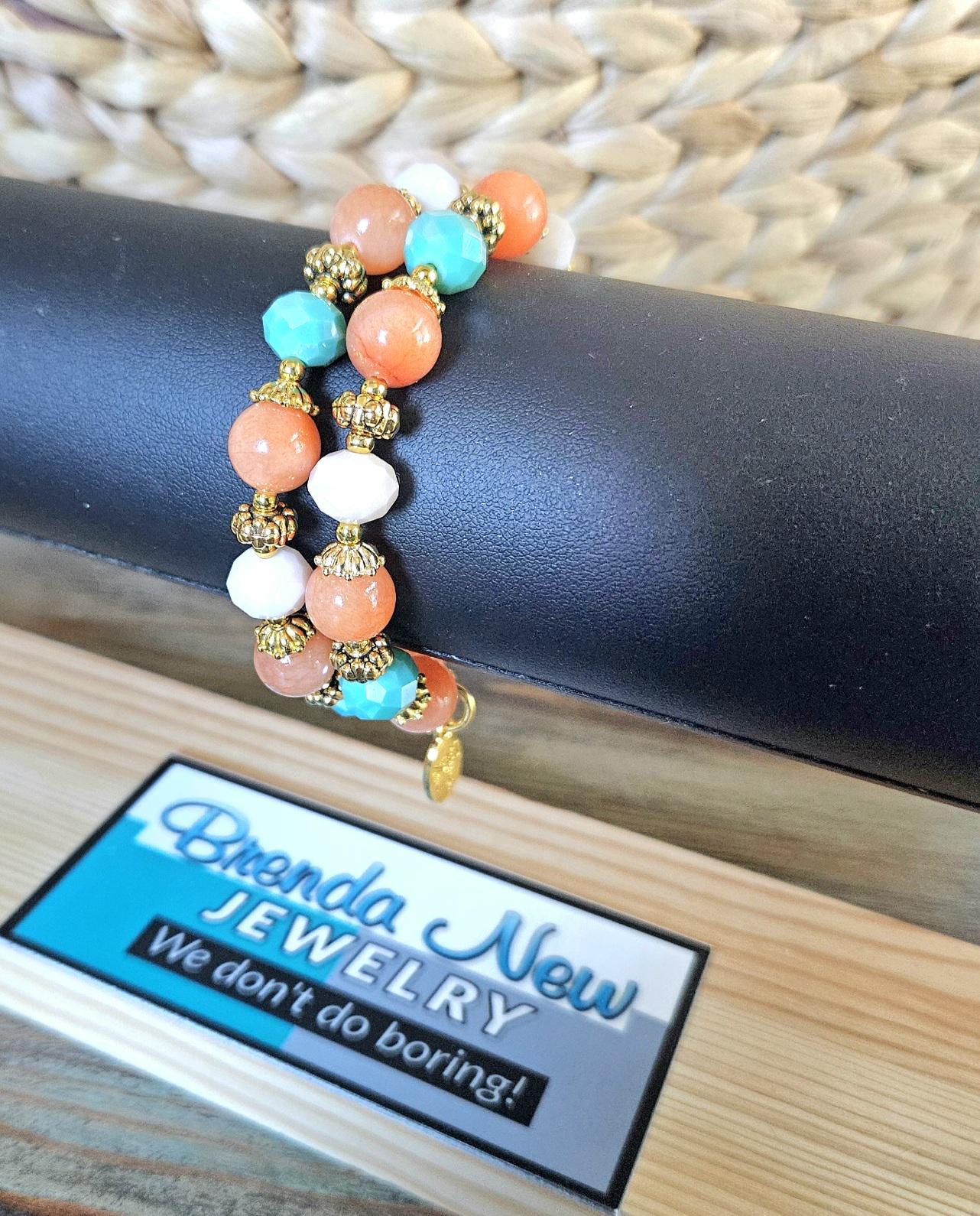 Coral Jade Gemstone Beaded Bracelet Jewelry Beach Orange Turquoise Gold Handmade Memory Wire Wrap Cuff Bangle Beach Cruise Summer Spring