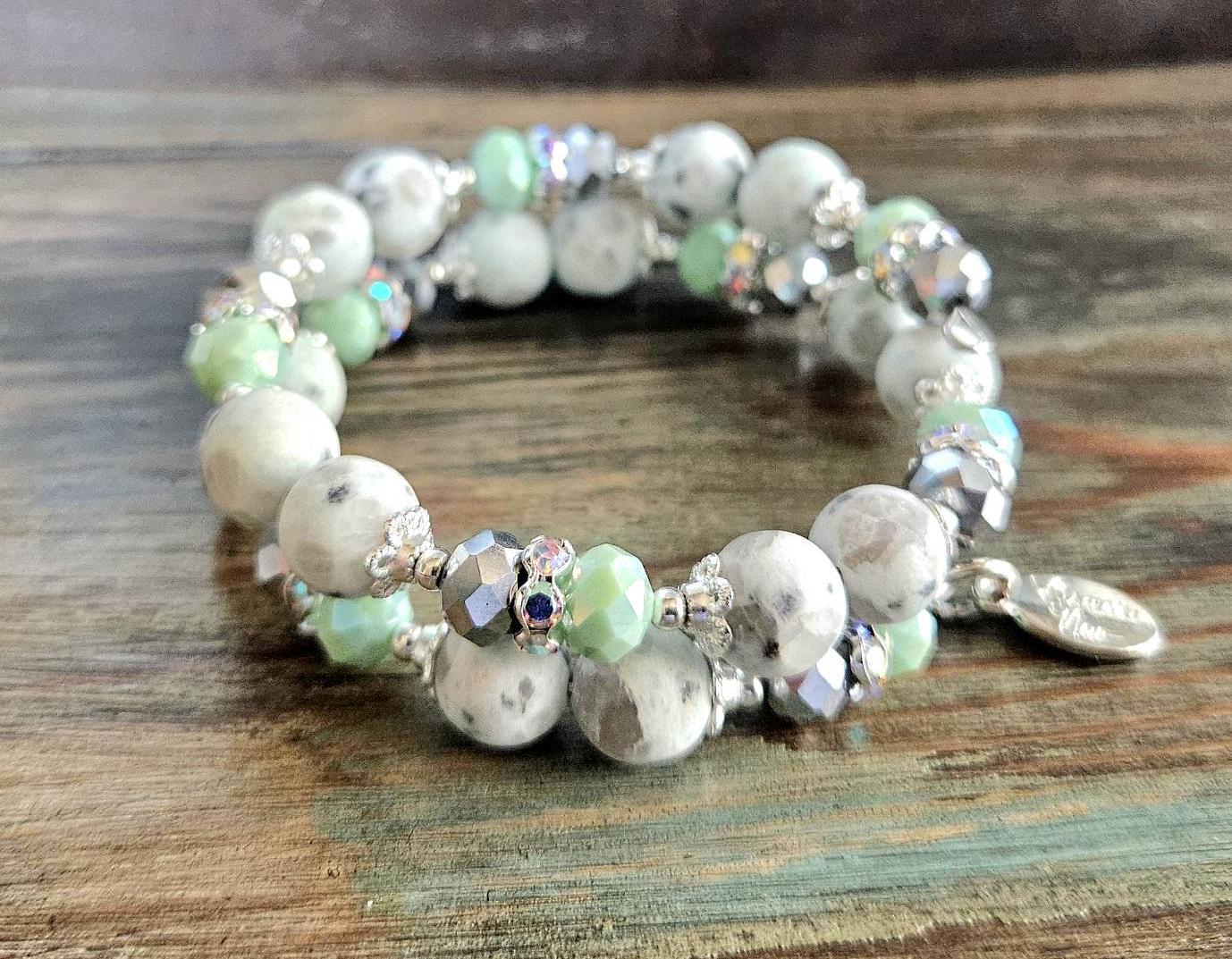 Sesame Jasper Gemstone Beaded Bracelet Mint Green Silver Memory Wire Spring Cuff Wrap Bangle Unique Genuine Boho Women's Gift For Her