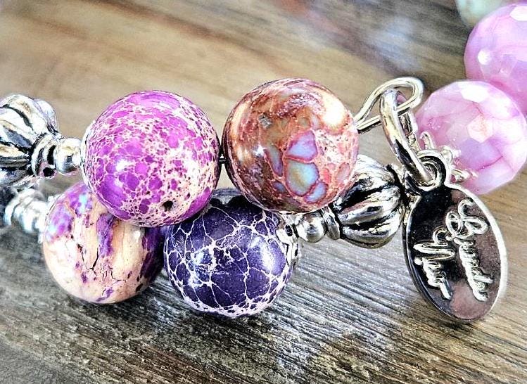 Purple Beaded Bracelet Jewelry Gemstone Violet Lavendar Silver Jasper Memory Wire Wrap Cuff Bangle Summer Spring Beach Cruise Women's Gift
