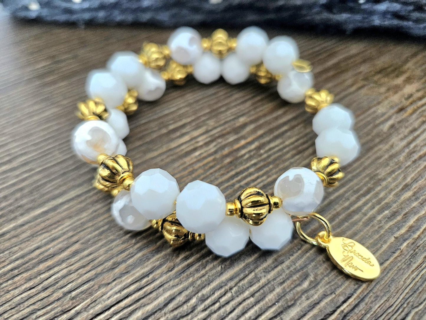 White and Gold Gemstone Bracelet Statement Jewelry Agate Beaded Handmade Adjustable Wrap Bangle Cuff Memory Wire Women's Gift Summer Spring