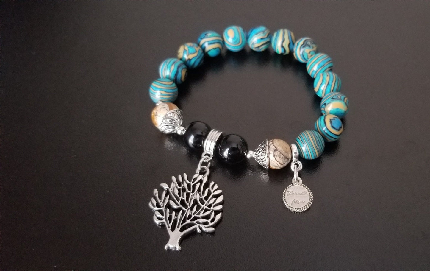 Tree of Life Charm Bracelet Beaded Turquoise Southwest Gemstone Silver Jewelry Jasper Black Onyx Women's Onyx Stretch Women's Gift For Her