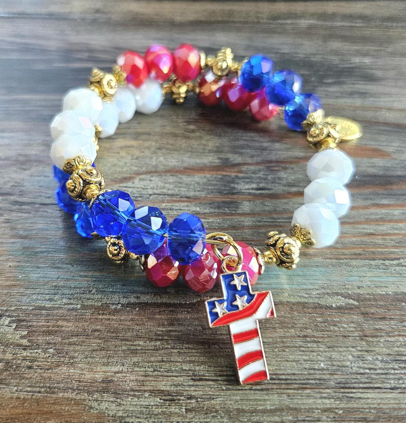 Red White and Blue Flag Cross Charm Bracelet Jewelry Beaded Patriotic USA Military July 4 Gold Wrap Bangle Memory Wire Adjustable