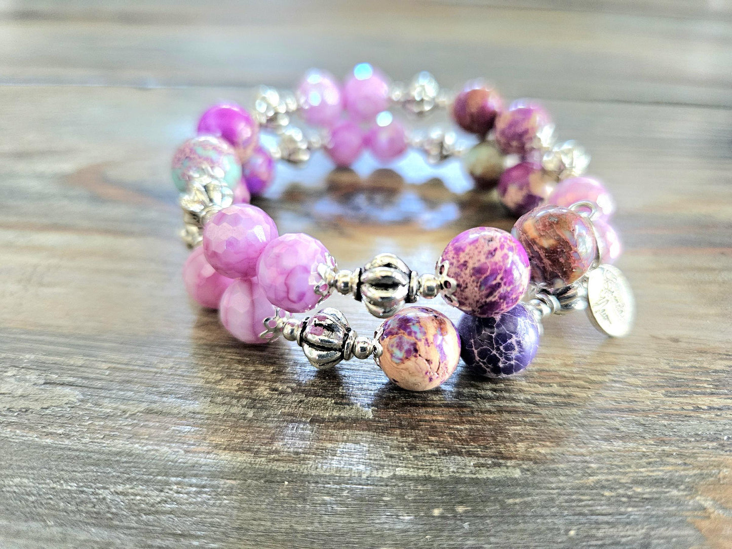 Purple Beaded Bracelet Jewelry Gemstone Violet Lavendar Silver Jasper Memory Wire Wrap Cuff Bangle Summer Spring Beach Cruise Women's Gift