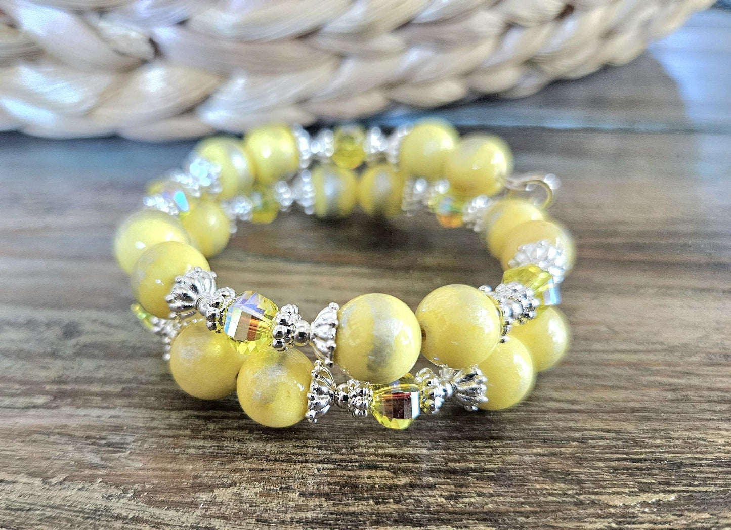 Yellow Beaded Gemstone Bracelet Jade Jewelry Crystal Silver Lemon Sun Spring Summer Beach Cruise Handmade Memory Wire Wrap Cuff Bangle Gift