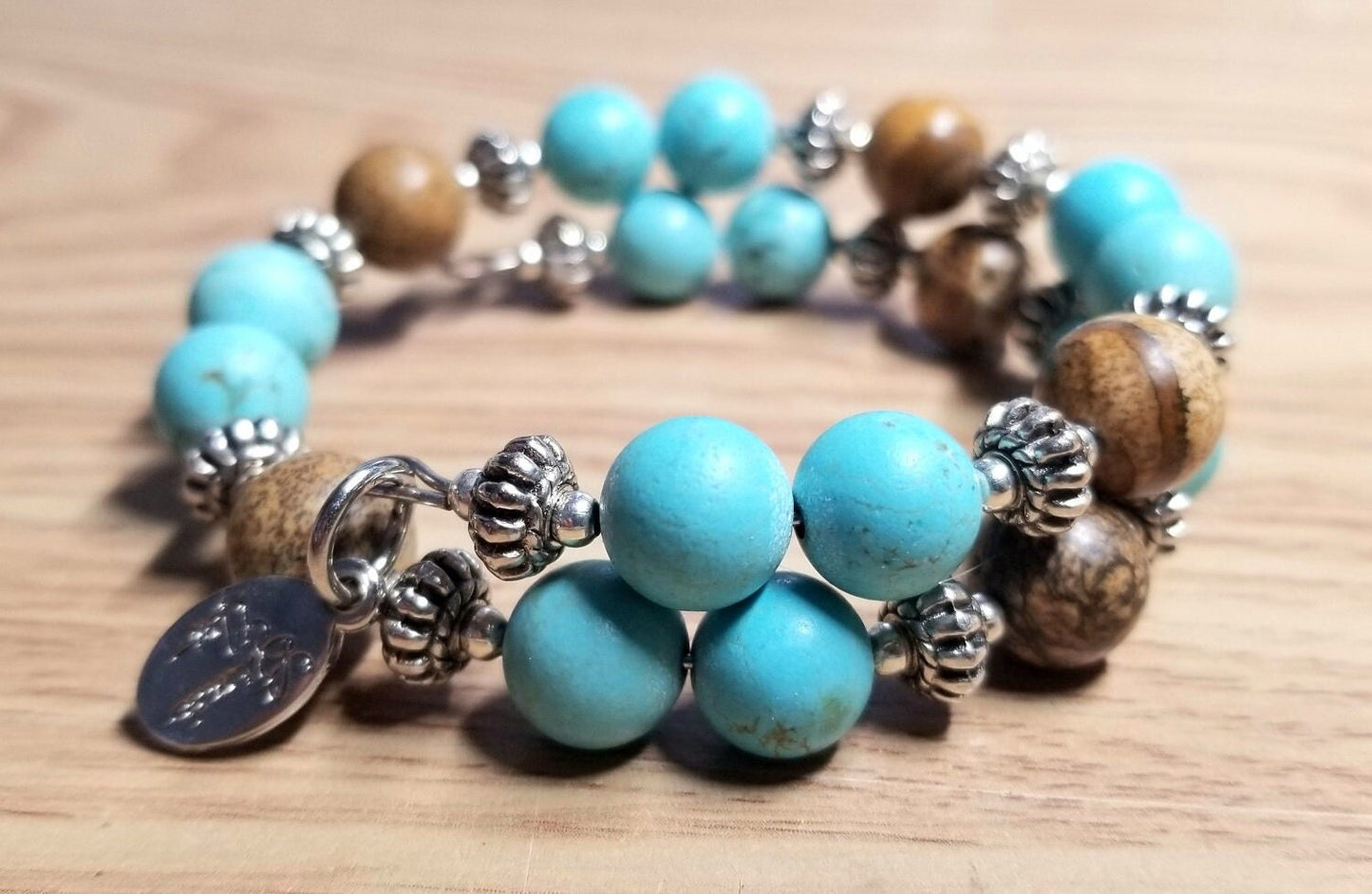 Turquoise Gemstone Beaded Bracelet Jewelry Silver Southwest Magnesite Picture Jasper Wrap Cuff Bangle Women's Gift for Her